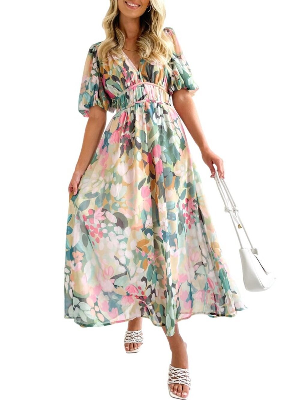 NWT "Small" Maxigerui  Summer Floral Maxi Dress Spring Wedding Green Floral